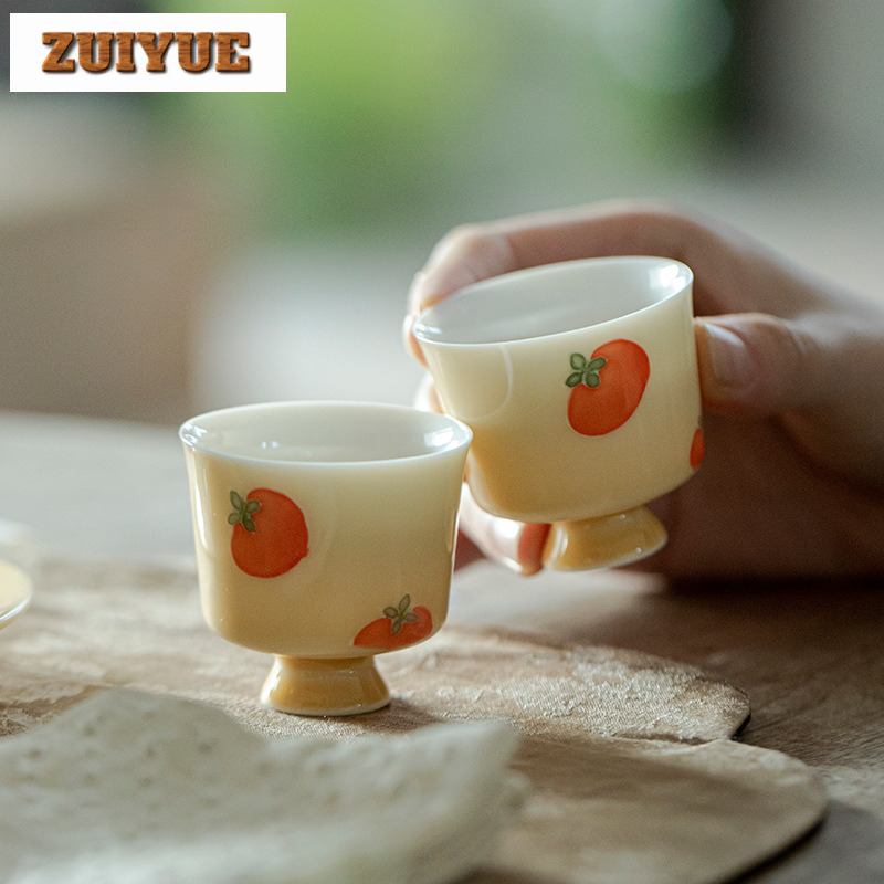 Handmade Ceramic Mug - 2pc/lot Hand-painted Persimmon Apricot Ceramic Teacup